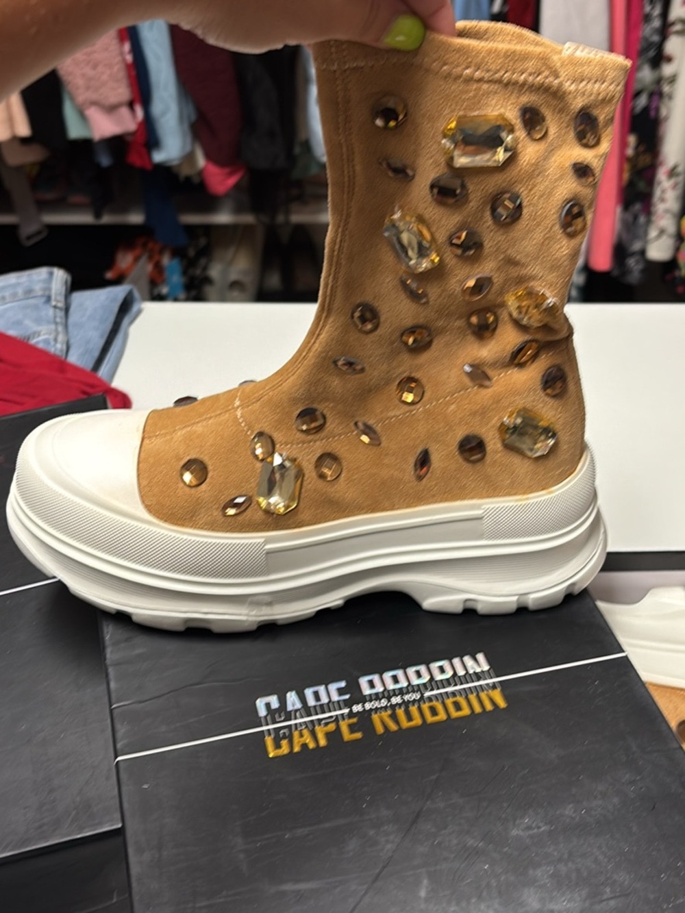 Cape Robbin Tan Jeweled Platform Lace-Up Boot Sneaker